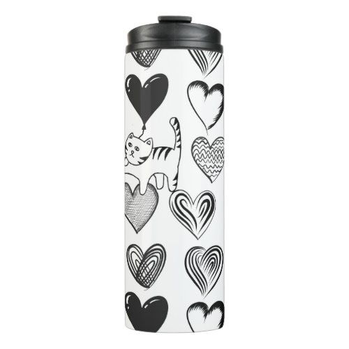 Black and White Cat and Heart Pattern Thermal Tumbler