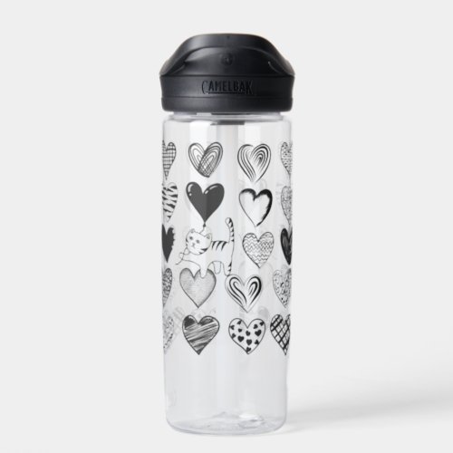 Black and White Cat and Heart Pattern Water Bottle