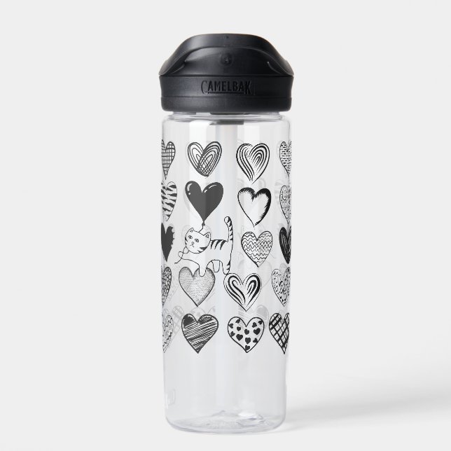 Black and White Cat and Heart Pattern Water Bottle (Back)