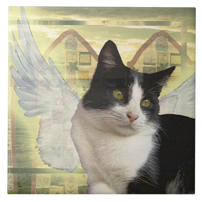 Black And White Cat Angel Wings Vintage Style Art Ceramic Tile Zazzle