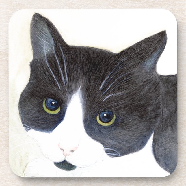Black and White Cat Beverage Coaster (Front)