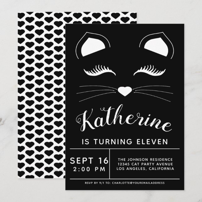 Black and White Cat Birthday Party Invitation (Front/Back)