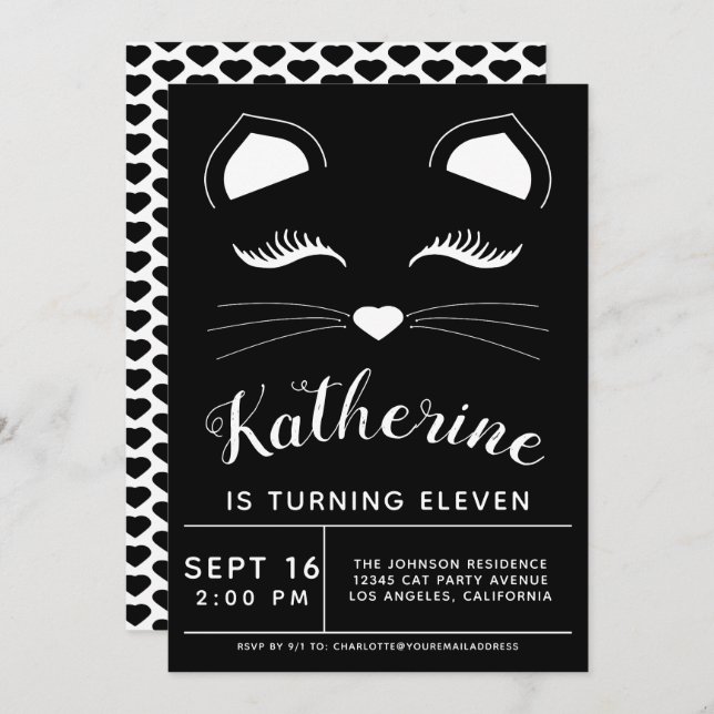 Black and White Cat Birthday Party Invitation (Front/Back)