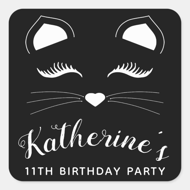 Black and White Cat Birthday Party Square Sticker (Front)