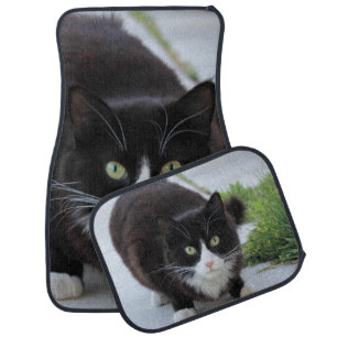 Black and white cat car mat set