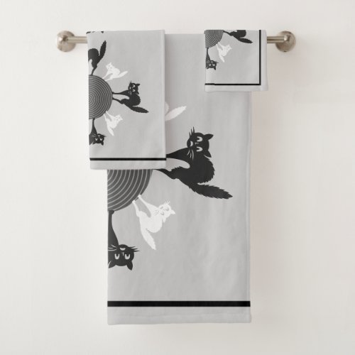 Black and white cat carousel on grey background bath towel set