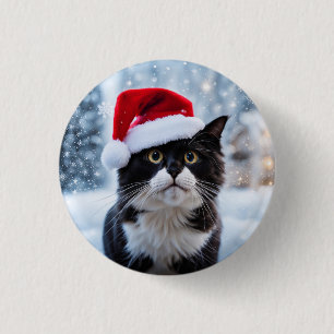 Black and white cat Christmas Button