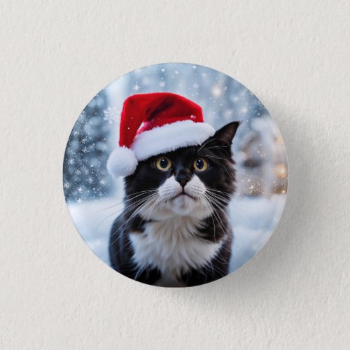 Black and white cat Christmas Button