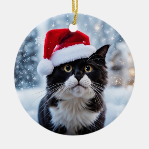 Black and white cat Christmas Ceramic Ornament