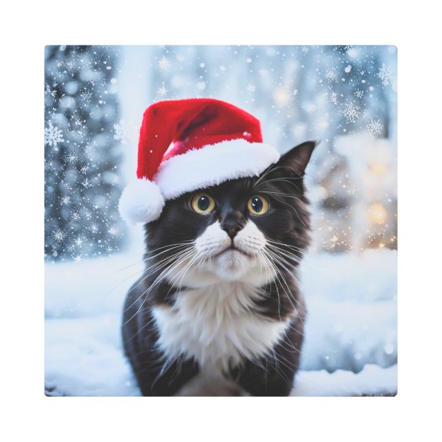 Black and white cat Christmas Metal Print (Front)