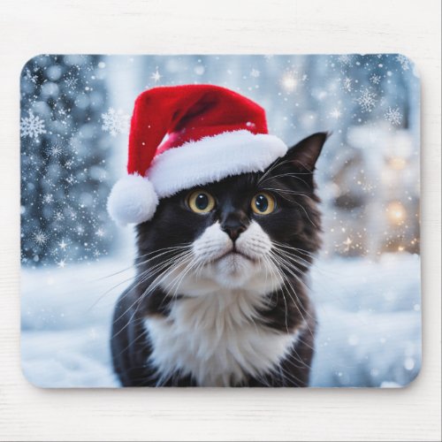 Black and white cat Christmas Mouse Pad