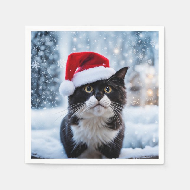 Black and white cat Christmas Napkins (Front)