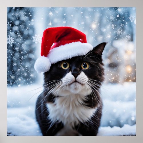 Black and white cat Christmas Poster