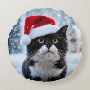 Black and white cat Christmas Round Pillow