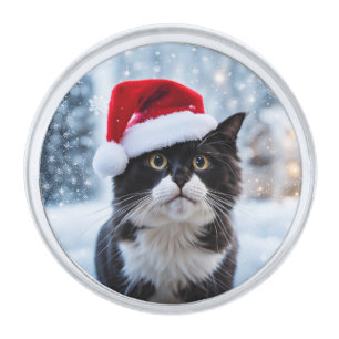 Black and white cat Christmas Silver Finish Lapel Pin