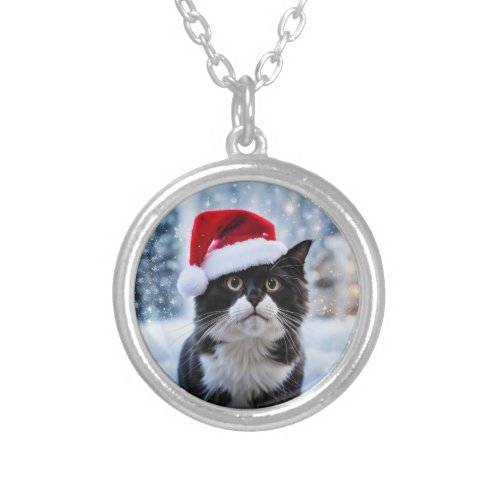 Black and white cat Christmas Silver Plated Necklace