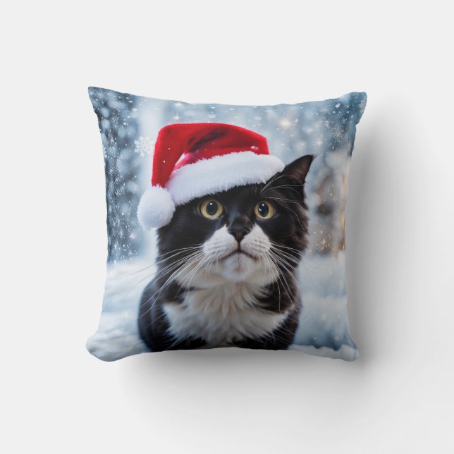 Black and white cat Christmas Throw Pillow (Front)