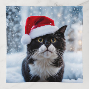 Black and white cat Christmas Trinket Tray
