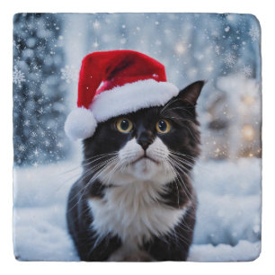 Black and white cat Christmas Trivet