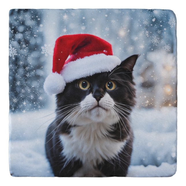 Black and white cat Christmas Trivet (Front)