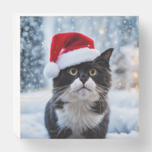 Black and white cat Christmas Wooden Box Sign