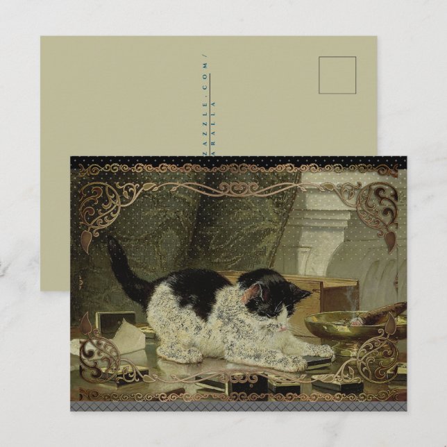 Black and White Cat Cigar Oil Bronze Border Holiday Postcard (Front/Back)