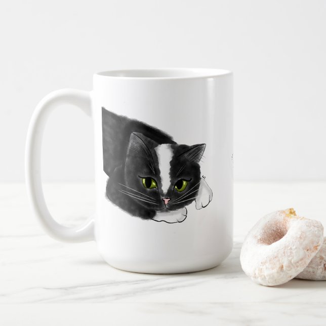 Black and White Cat Custom Name Coffee Mug (With Donut)
