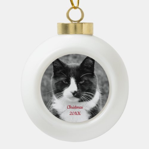 Black and White Cat Customizable Ceramic Ball Christmas Ornament