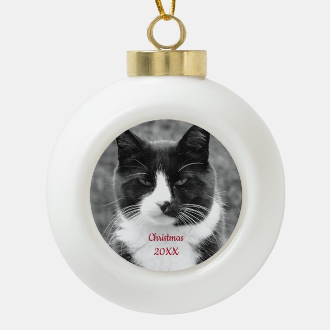 Black and White Cat Customizable Ceramic Ball Christmas Ornament (Front)