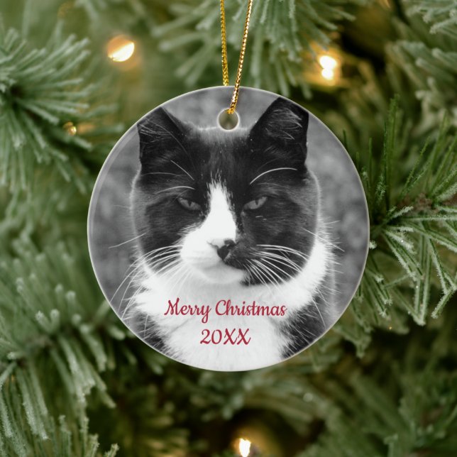 Black and White Cat Customizable Ceramic Ornament (Tree)