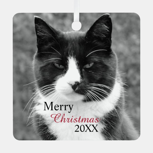 Black and White Cat Customizable Metal Ornament (Front)