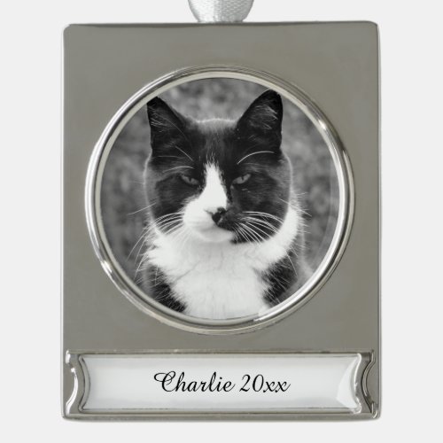 Black and White Cat Customizable Silver Plated Banner Ornament
