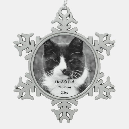 Black and White Cat Customizable Snowflake Pewter Christmas Ornament