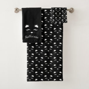 Black and White Cat Face Bath Towel Set