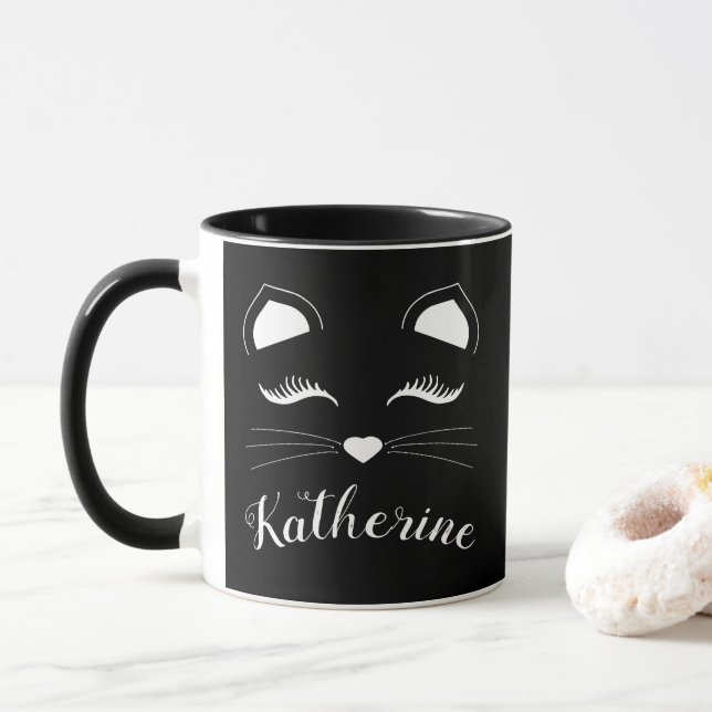 Black and White Cat Face Mug (With Donut)