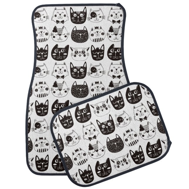 Black and White Cat Faces Monogram Car Floor Mat (Set)