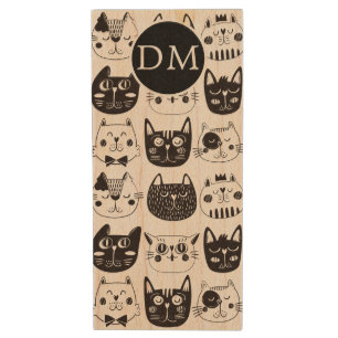 Black and White Cat Faces Monogram Wood Flash Drive