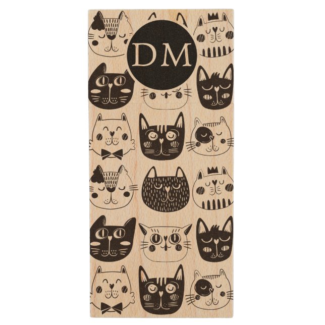 Black and White Cat Faces Monogram Wood Flash Drive (Front Vertical)