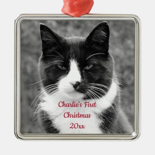 Black and White Cat First Christmas Metal Ornament