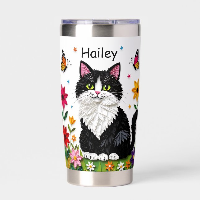 Black and White Cat, Flowers and Butterflies   Insulated Tumbler (Front)