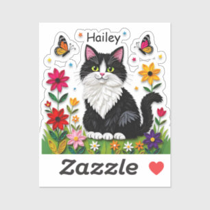 Black and White Cat, Flowers and Butterflies Sticker