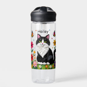 Black and White Cat, Flowers and Butterflies Water Bottle