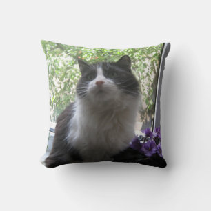 Black and white cat, flowers. throw pillow