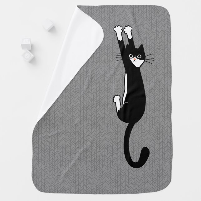 Black and White Cat Hanging On | Funny Tuxedo Cat Baby Blanket (In Situ)