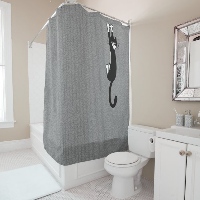 Black and White Cat Hanging On | Funny Tuxedo Cat Shower Curtain (In Situ)