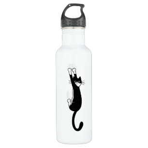 Black and White Cat Hanging On   Funny Tuxedo Cat Stainless Steel Water Bottle