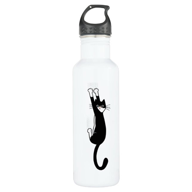Black and White Cat Hanging On | Funny Tuxedo Cat Stainless Steel Water Bottle (Front)