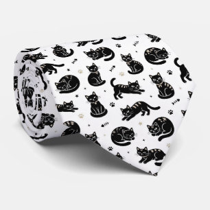 Black and White Cat Illustrations Neck Tie