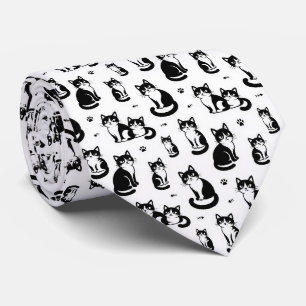 Black and White Cat Illustrations Neck Tie