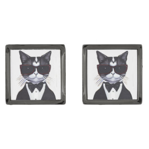 Black and White Cat in a Tuxedo and Bow Tie Cufflinks